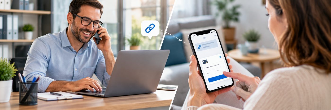 À gauche, un professionnel au téléphone depuis son bureau ; à droite, sa cliente règle par carte sur la page de paiement ouverte sur son smartphone.