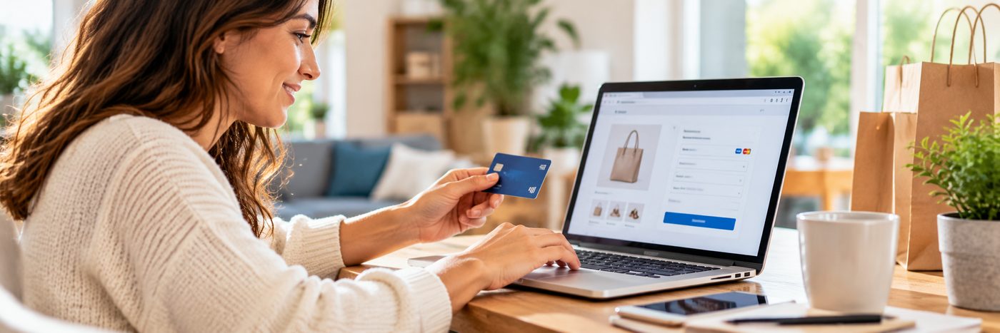 Une cliente saisit les informations de sa carte bancaire pour régler un achat sur un site marchand, depuis son ordinateur portable.